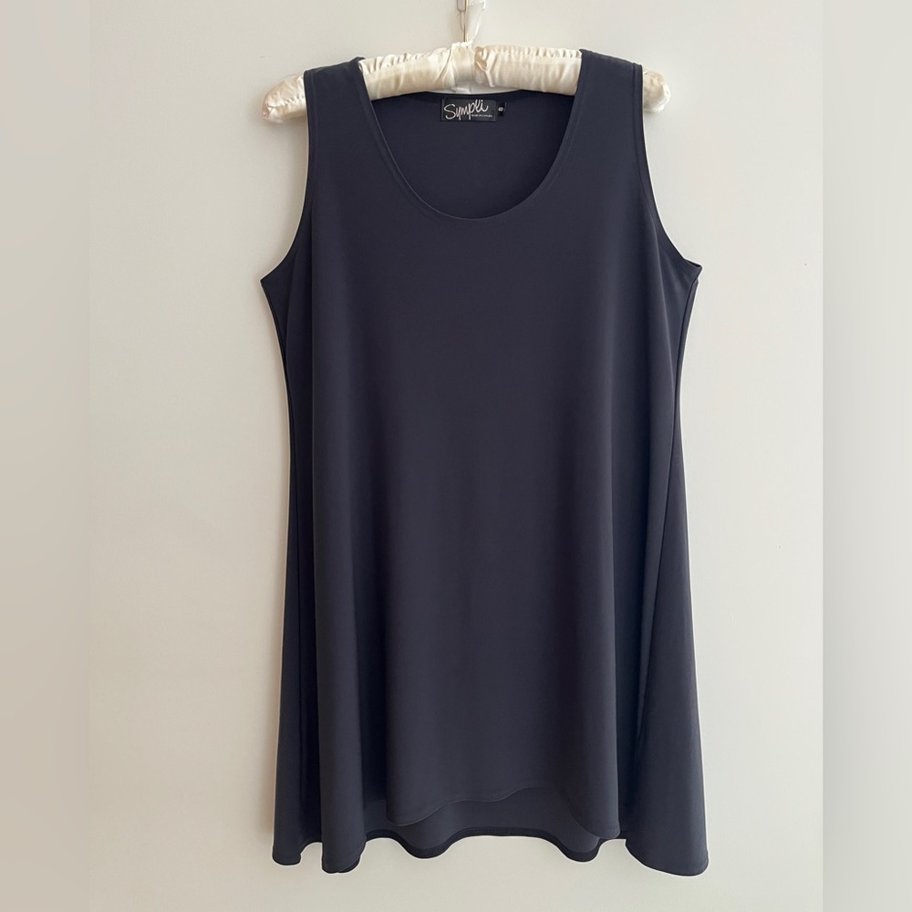SYMPLI Dark Grey Scoop Neck Jersey Tank Top Long A-Line Style Travel Versatile